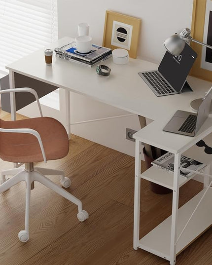 Small Computer Desk with Power Outlets, 40 Inch L Shaped Desk with Reversible Shelves, Gaming Desk Corner Desk Study Writing Desk for Home Office Bedroom Small Space, White - LeafyLoom