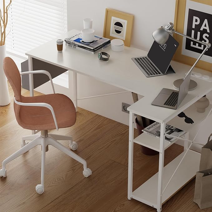 Small Computer Desk with Power Outlets, 40 Inch L Shaped Desk with Reversible Shelves, Gaming Desk Corner Desk Study Writing Desk for Home Office Bedroom Small Space, White - LeafyLoom