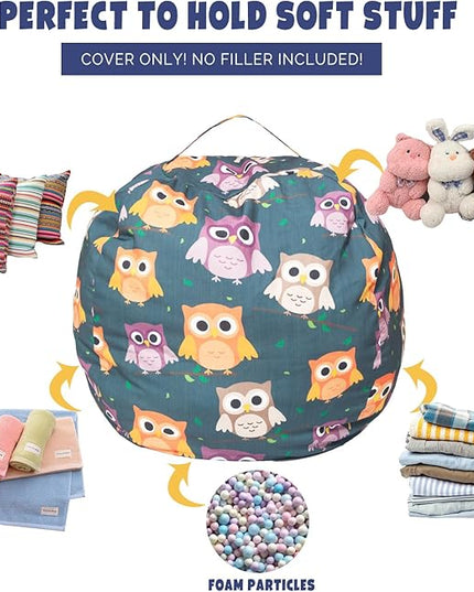 Stuffed Animal Storage Bean Bag Chair Cover, Hold Kids Plush Toys Blankets Towels Beanbag (Cover Only), Canvas Floor Circle Stuff Sit Seat Sofa with YKK Zipper, Extra Large 38", Owl - LeafyLoom