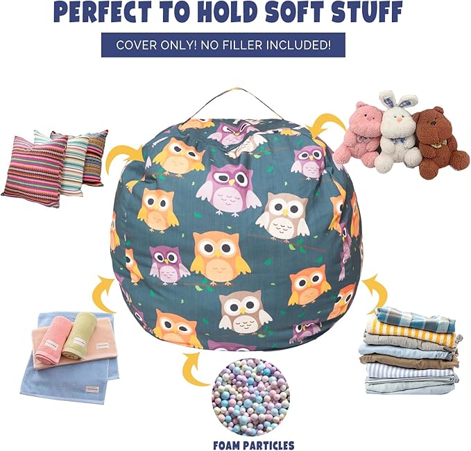Stuffed Animal Storage Bean Bag Chair Cover, Hold Kids Plush Toys Blankets Towels Beanbag (Cover Only), Canvas Floor Circle Stuff Sit Seat Sofa with YKK Zipper, Extra Large 38", Owl - LeafyLoom