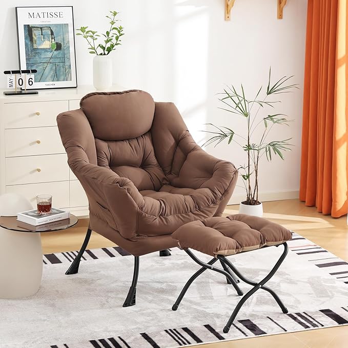 Cozy Lazy Chair and Ottoman, Large Contemporary Accent Lounge Chair Set, Leisure Upholstered Reading Armchair for Bedroom, Living Room, Dorm Rooms, Office - LeafyLoom