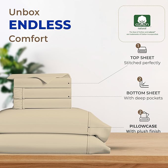 THREAD SPREAD 100% Egyptian Cotton Split King Sheets Sets for Adjustable Bed - 600 Thread Count 5 PC Top Split King Sheets, 16" Deep Pocket Soft Cooling Sheets for Split King Adjustable Bed - Sand - LeafyLoom
