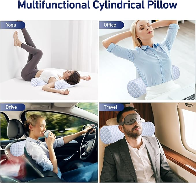 Neck Roll Pillow - Cooling Neck Roll Pillow for Sleeping - Cervical Neck Roll Pillow for Neck Support - Memory Foam Memory Foam Round Cylinder Bolster Pillow for Bed, Couch, Yoga (Blue) - LeafyLoom