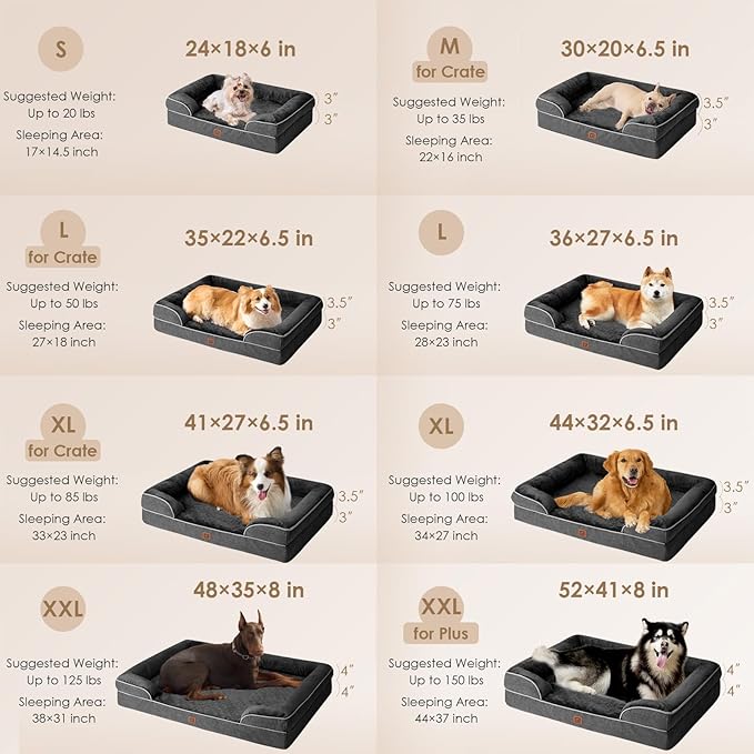 EHEYCIGA Orthopedic Dog Bed for Large Dogs, Waterproof Memory Foam with Sides, Non-Slip Bottom and Egg-Crate Foam Couch Bed with Washable Removable Cover, Dark Grey EHEYCIGA