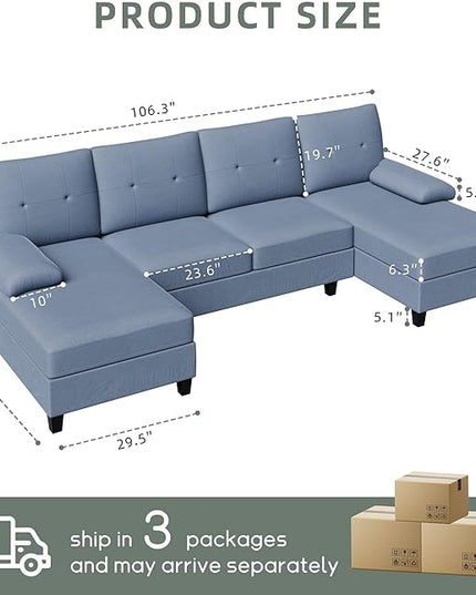 Shintenchi Sectional Couches for Living Room, U Shaped Sofa Couch with Double Chaise, 4-Seat Living Room Furniture Sets with Soft Cushion & Linen Fabric, Blue - LeafyLoom