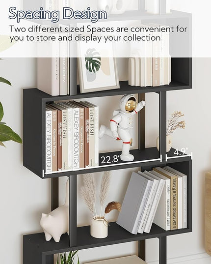 Yusong S Shaped Bookshelf, Modern Geometric Bookcase, 6-Tier Black Display Case Book Shelf - LeafyLoom