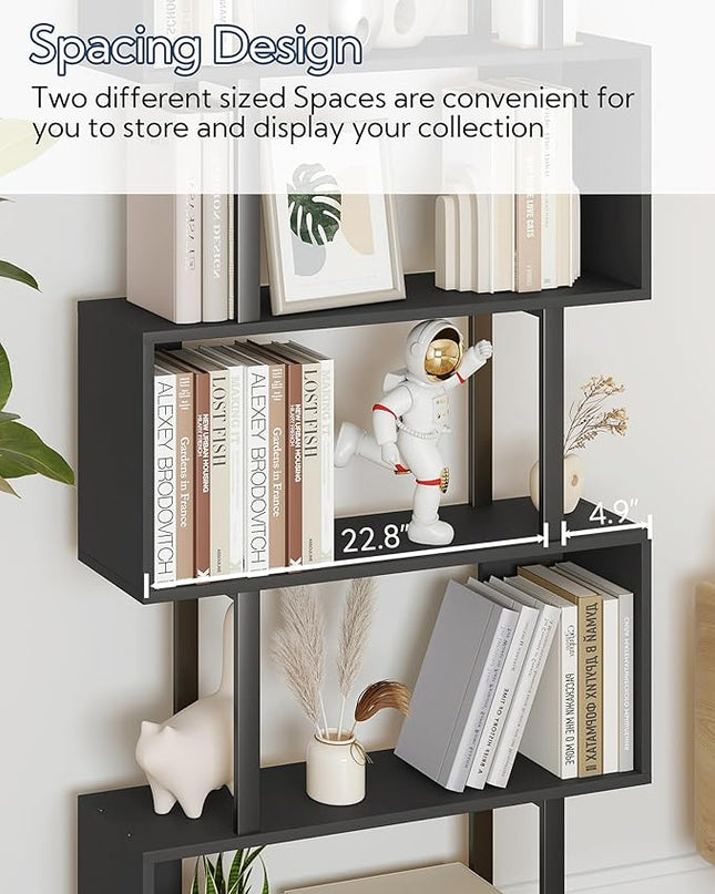 Yusong S Shaped Bookshelf, Modern Geometric Bookcase, 6-Tier Black Display Case Book Shelf - LeafyLoom