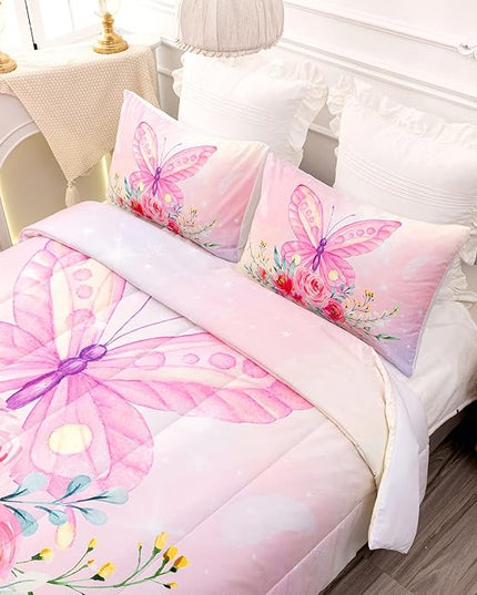 CVHOUSE Butterfly Comforter Set,Floral Butterfly Bedding Set for Girls Kids Teens,Flower Butterflies Comforter Butterflies Duvet Set Room Decor Quilt Set Twin Size - LeafyLoom