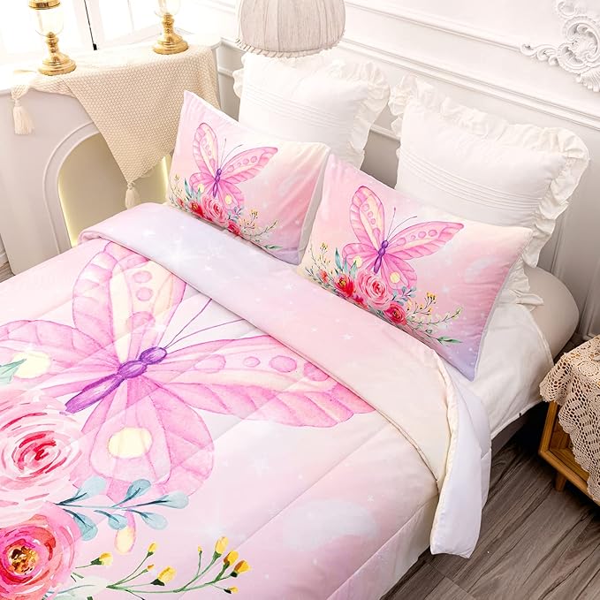 CVHOUSE Butterfly Comforter Set,Floral Butterfly Bedding Set for Girls Kids Teens,Flower Butterflies Comforter Butterflies Duvet Set Room Decor Quilt Set Twin Size - LeafyLoom