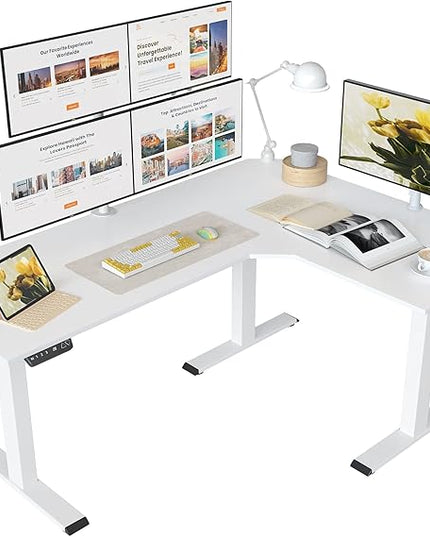 FEZIBO Triple Motor L-Shaped Electric Standing Desk, 63 Inches Height Adjustable Stand up Corner Desk, Sit Stand Workstation with Splice Board, White Frame/White Top - LeafyLoom