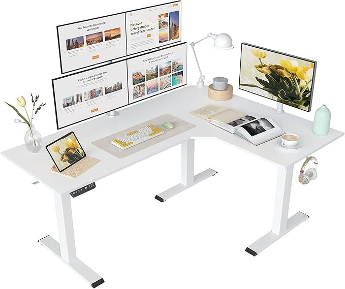 FEZIBO Triple Motor L-Shaped Electric Standing Desk, 63 Inches Height Adjustable Stand up Corner Desk, Sit Stand Workstation with Splice Board, White Frame/White Top - LeafyLoom