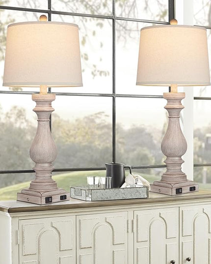 29" Tall Table Lamp for living room set of 2,Vintage Bedside Nightstand Lamps with USB C+A Ports & AC Outlet,3-Way Dimmable Touch Control White Washed Finish Desk Lamp for Bedroom,Color 2 - LeafyLoom