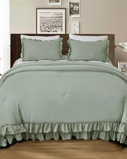 Sage Green Ruffle Comforter Set Queen,Vintage Farmhouse Shabby Ruffled Chic Bedding Comforter,Rustic Aesthetic Bedding 3 Pieces Women Girls Bedroom Vintage Bed Comforter - LeafyLoom
