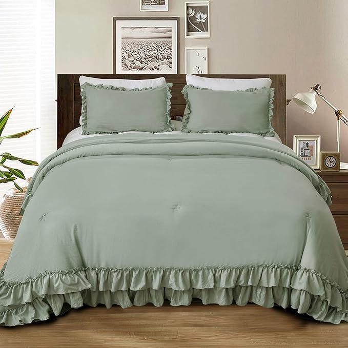 Sage Green Ruffle Comforter Set Queen,Vintage Farmhouse Shabby Ruffled Chic Bedding Comforter,Rustic Aesthetic Bedding 3 Pieces Women Girls Bedroom Vintage Bed Comforter - LeafyLoom
