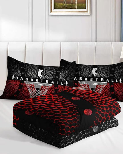 Axolotl Basketball Bedding Set for Boys Kids Teens,Soft Microfiber Black and Red Sports Theme Basketball Bedding Sets Full Size with 1 Comforter and 2 Pillowcases All Season - LeafyLoom