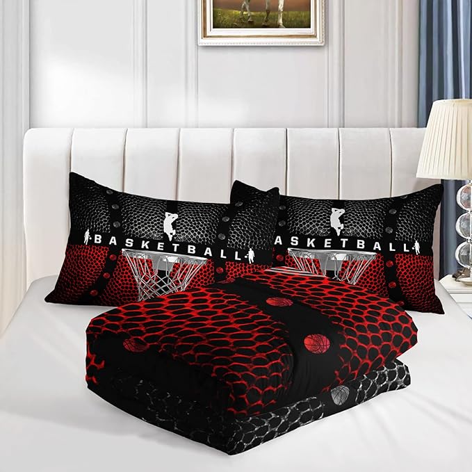 Axolotl Basketball Bedding Set for Boys Kids Teens,Soft Microfiber Black and Red Sports Theme Basketball Bedding Sets Full Size with 1 Comforter and 2 Pillowcases All Season - LeafyLoom