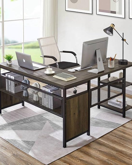 FATORRI L Shaped Computer Desk, Industrial Home Office Desk with Shelves, Reversible Wood and Metal Corner Desk (Walnut Brown, 59 Inch) - LeafyLoom