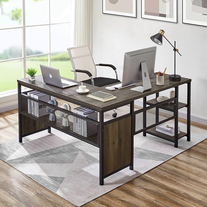 FATORRI L Shaped Computer Desk, Industrial Home Office Desk with Shelves, Reversible Wood and Metal Corner Desk (Walnut Brown, 59 Inch) - LeafyLoom