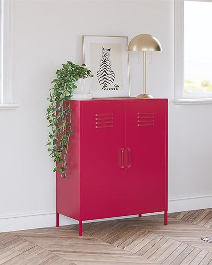 Novogratz Cache 2 Door Metal Locker-Style Storage Accent Cabinet, Magenta - LeafyLoom