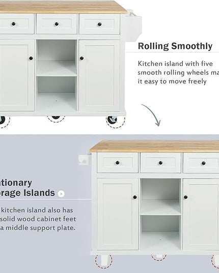 Kitchen Island with Storage, Rolling Table on Wheels w/Drop-Leaf Countertop,Internal Racks, Cabinet, 3 Drawers for Dinning Room, Rubber Wood Contertop - LeafyLoom