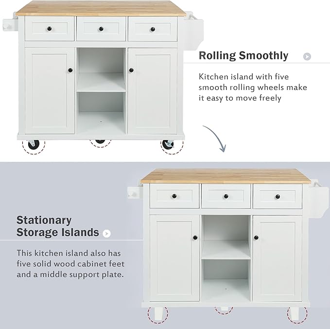 Kitchen Island with Storage, Rolling Table on Wheels w/Drop-Leaf Countertop,Internal Racks, Cabinet, 3 Drawers for Dinning Room, Rubber Wood Contertop - LeafyLoom