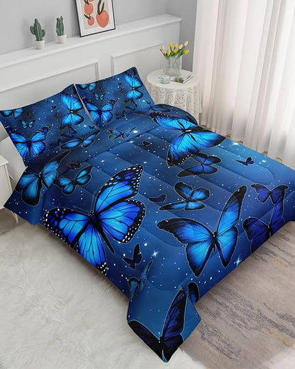 Datura home Blue Butterfly Comforter Set for Girls Women,Bright Blue Butterflies in Blue Sky with Stars Printed Bedding Set with 2 Pillowcases(Butterfly Blue Queen) - LeafyLoom
