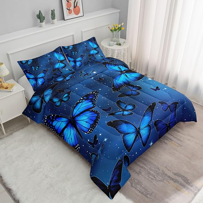 Datura home Blue Butterfly Comforter Set for Girls Women,Bright Blue Butterflies in Blue Sky with Stars Printed Bedding Set with 2 Pillowcases(Butterfly Blue Queen) - LeafyLoom