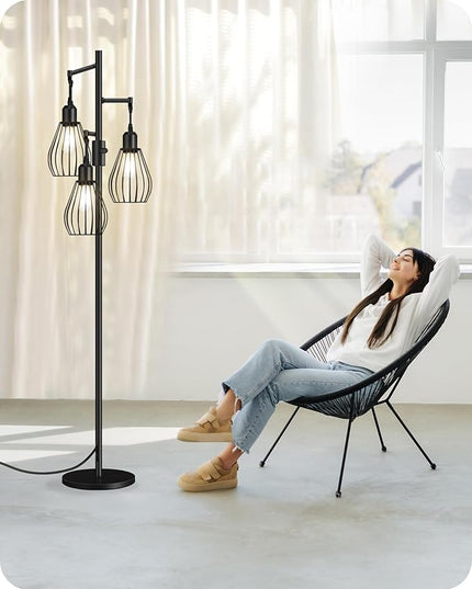 Farmhouse Dimmable Floor Lamp, Industrial Tall Standing Tree Lamp with 3 Elegant Teardrop Cage Heads, 4W 3 LED Bulbs Included, Rustic Standing Lamp for Living Room, Bedroom, Black B01LD05 - LeafyLoom