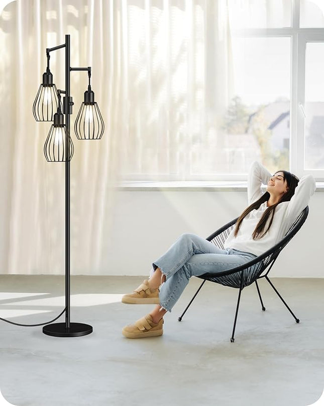 Farmhouse Dimmable Floor Lamp, Industrial Tall Standing Tree Lamp with 3 Elegant Teardrop Cage Heads, 4W 3 LED Bulbs Included, Rustic Standing Lamp for Living Room, Bedroom, Black B01LD05 - LeafyLoom