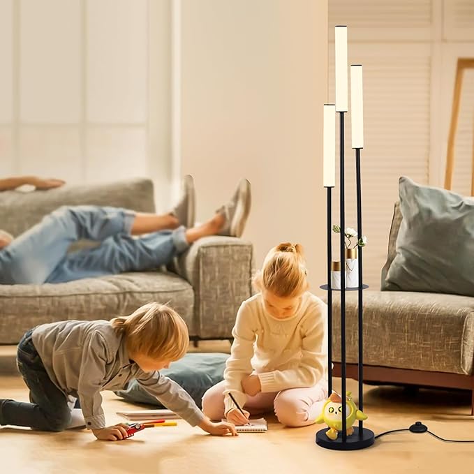 Ganeed LED Floor Lamp with Shelves,30W Modern Black Tall Lamps with 3 Acrylic Lampshade,3000K Warm Light Standing Lamps with Foot Switch and Remote Control (66.5 inch) - LeafyLoom