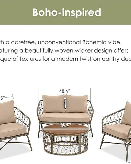 Merax Outdoor Patio Furniture Sets, Bohemia-Inspired Wicker Conversation Seating Group, with Soft Cushions and Wood Tabletop, 4 PCS, Beige - LeafyLoom