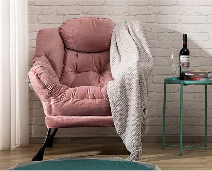 HollyHOME Modern Fabric Large Lazy Chair, Accent Oversized Comfy Reading Chair, Thick Padded Cozy Lounge Chair with Armrest, Leisure Sofa Chair for Living Room, Bedroom, Dorm, Gilding Pink - LeafyLoom