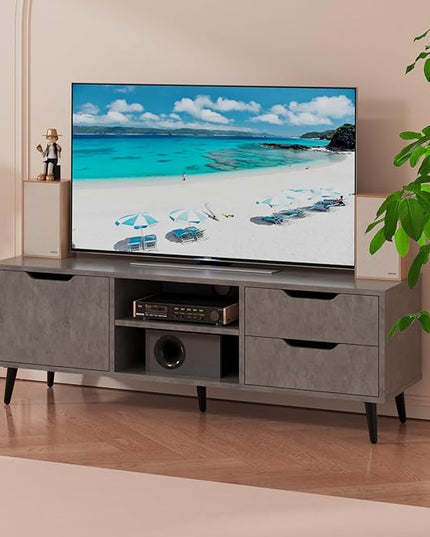 Maxtown TV Stands for Living Room, TV Console Table for 55 Inch TV, Entertainment Center with 1 Cabinet, 2 drawers, Media Console with Metal Feet for Bedroom, Living Room, Dark Grey - LeafyLoom