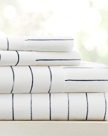 Linen Market 4 Piece Full Bedding Sheet Set (Navy Blue Stripes) - Sleep Better Than Ever with These Ultra-Soft & Cooling Bed Sheets for Your Full Size Bed - Deep Pocket Fits 16" Mattress - LeafyLoom