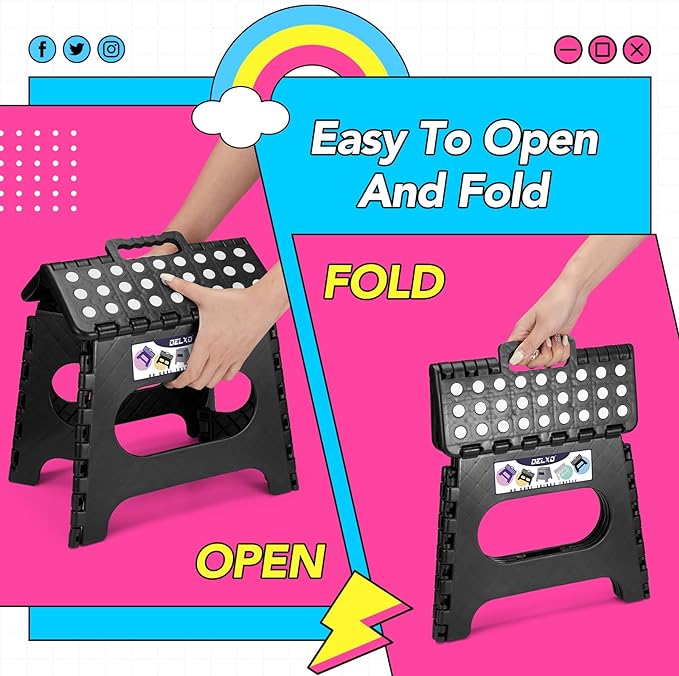 Delxo Folding Step Stool,11 Inch Non-Slip Foldable Step Stools for Kids and Adults,Portable Foldable Step Stool Lightweight Small Folding Stool with Handle for Kitchen Bathroom in Black,1 Pack - LeafyLoom