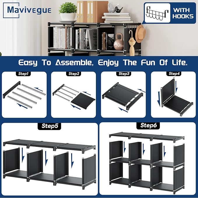 Mavivegue Book Shelf, 9 Cube Storage Organizer, DIY Bookcase, Metal Cube Bookshelf, Tall Book case for Bedroom, Living Room,Office, Closet Storage Organizer, Black Cubicle Storage Rack - LeafyLoom