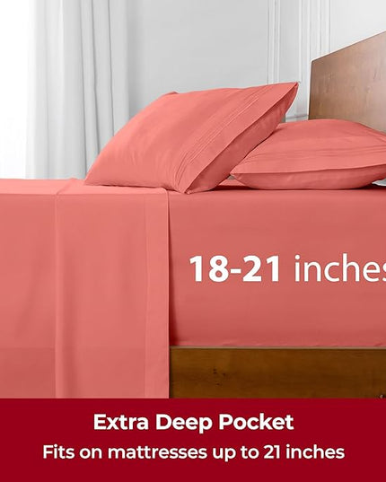 Mellanni Extra Deep Twin XL Sheets - 3 PC Iconic Collection Bedding Sheets & Pillowcases - Hotel Luxury, Ultra Soft, Cooling Bed Sheets - Extra Deep Pocket up to 21 inch (Twin Extra Long, Coral) - LeafyLoom