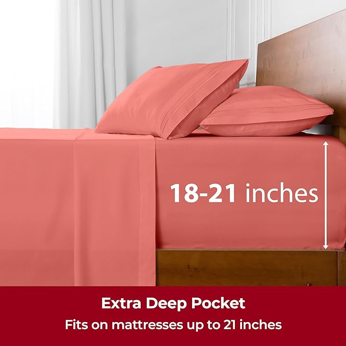 Mellanni Extra Deep Twin Sheets - 3 PC Iconic Collection Bedding Sheets & Pillowcases - Hotel Luxury, Ultra Soft, Cooling Bed Sheets - Extra Deep Pocket up to 21 inch (Twin, Coral) - LeafyLoom