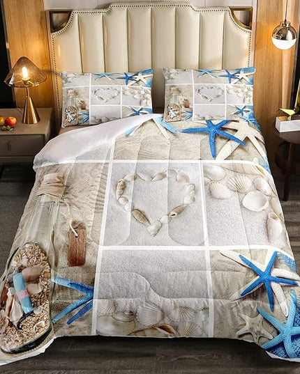 Erosebridal Beach Comforter Set, Ocean Themed Bedding Set King Size Coastal Nature Duvet Sets Starfish Love Heart Bedding Comforters for Kids Boys Girls Teens Adult Bedroom Decor - LeafyLoom