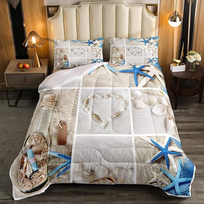 Erosebridal Beach Comforter Set, Ocean Themed Bedding Set King Size Coastal Nature Duvet Sets Starfish Love Heart Bedding Comforters for Kids Boys Girls Teens Adult Bedroom Decor - LeafyLoom