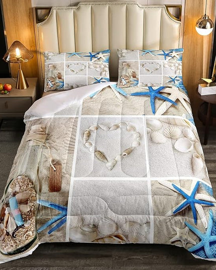 Erosebridal Beach Comforter Set, Ocean Themed Bedding Set Full Size Coastal Nature Duvet Sets Starfish Love Heart Bedding Comforters for Kids Boys Girls Teens Adult Bedroom Decor - LeafyLoom