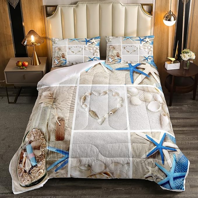 Erosebridal Beach Comforter Set, Ocean Themed Bedding Set Full Size Coastal Nature Duvet Sets Starfish Love Heart Bedding Comforters for Kids Boys Girls Teens Adult Bedroom Decor - LeafyLoom