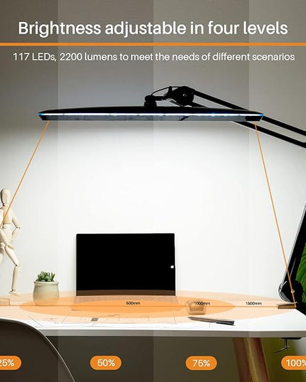 Task Lamp with Clamp, Bright 117PCS LEDs, Metal Swing Arm 24W 2200 Lumen Dimmable Led Desk Lamp for Architect Home Office Study Reading Dorm Workbench Craft, 23 Inch Lamp Head Work Lamp(Black) - LeafyLoom