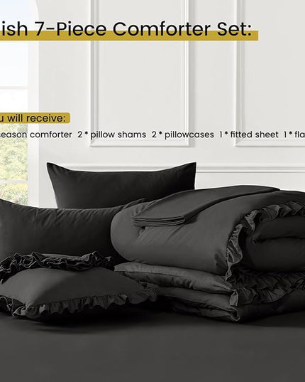 King Size Bed in a Bag 7 Pieces King Size Comforter Set, Ruffle Shabby Chic Bedding Comforter Set Black Bed Set with Comforter, Pillowcases, Flat Sheet, Fitted Sheet and Pillow Shams - LeafyLoom