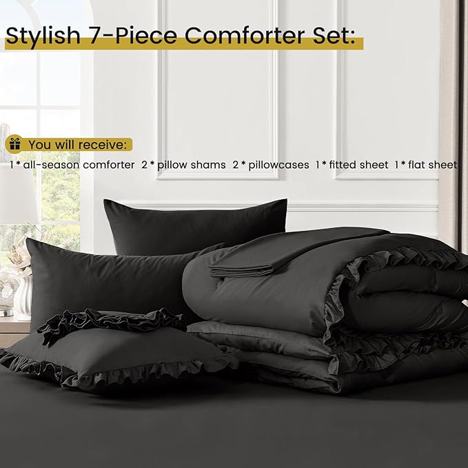 Full Bed in a Bag 7 Pieces Full Size Comforter Set, Ruffle Shabby Chic Bedding Comforter Set Black Bed Set with Comforter, Pillowcases, Flat Sheet, Fitted Sheet and Pillow Shams - LeafyLoom