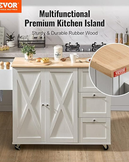 VEVOR Kitchen Island Cart with Solid Wood Top, 45.3" Width Mobile Carts with Storage Cabinet, Rolling Table with Spice Rack, Towel Rack, Drop Leaf and Drawer, Portable Islands on Wheels, White - LeafyLoom