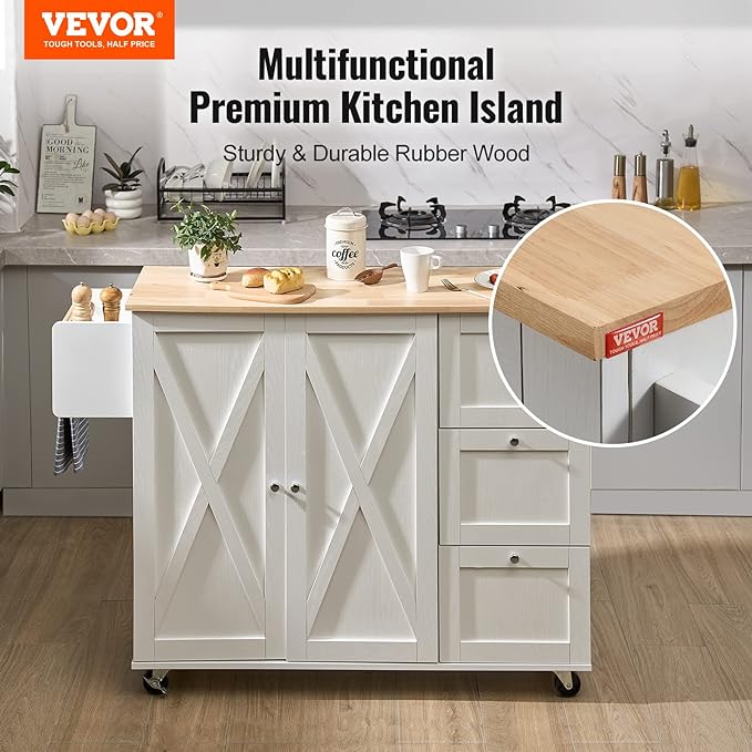 VEVOR Kitchen Island Cart with Solid Wood Top, 45.3" Width Mobile Carts with Storage Cabinet, Rolling Table with Spice Rack, Towel Rack, Drop Leaf and Drawer, Portable Islands on Wheels, White - LeafyLoom