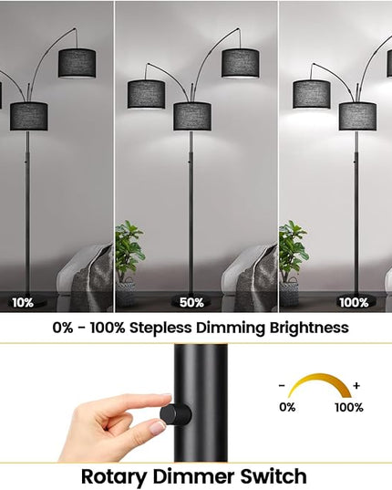 Dimmable Floor Lamp - 3 Lights Arc Floor Lamps for Living Room, 1000LM Modern Tall Standing Lamp With Black Shades & Heavy Base, Mid Century Tree Floor Lamp for Bedroom Office, 3 LED Bulbs Included - LeafyLoom