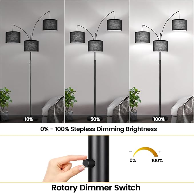 Dimmable Floor Lamp - 3 Lights Arc Floor Lamps for Living Room, 1000LM Modern Tall Standing Lamp With Black Shades & Heavy Base, Mid Century Tree Floor Lamp for Bedroom Office, 3 LED Bulbs Included - LeafyLoom