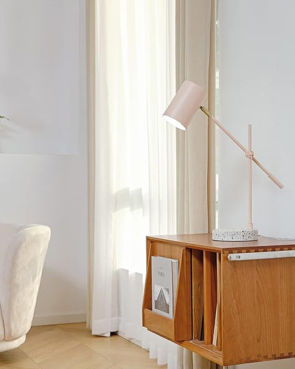 Globe Electric 30292 18" Desk/Table Lamp, Matte Pink, Matte Brass Accent, Terrazzo Base, Adjustable Height, Balance Arm, in-Line Rocker On/Off Switch, Adjustable Lamp, Home Office Accessories - LeafyLoom